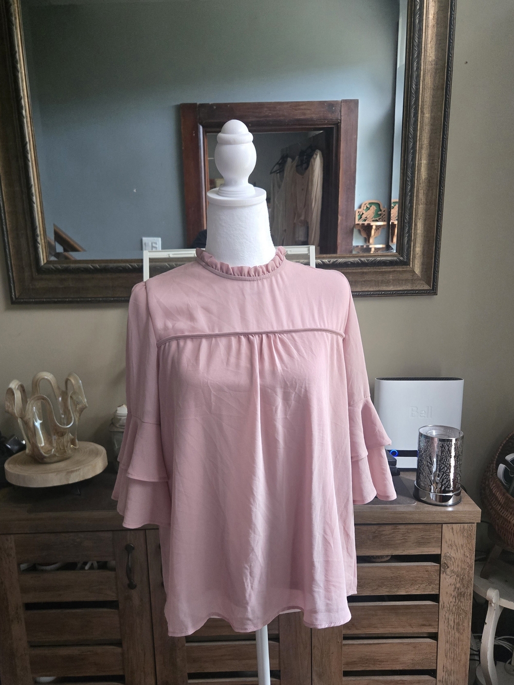 Monteau Blush Pink Ruffle Mock Neck Bell Sleeve Blouse